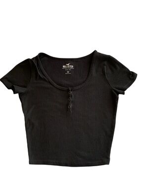Hollister Baby Tee Crop Top Black Ribbed Short Sleeve Festival Henley XS